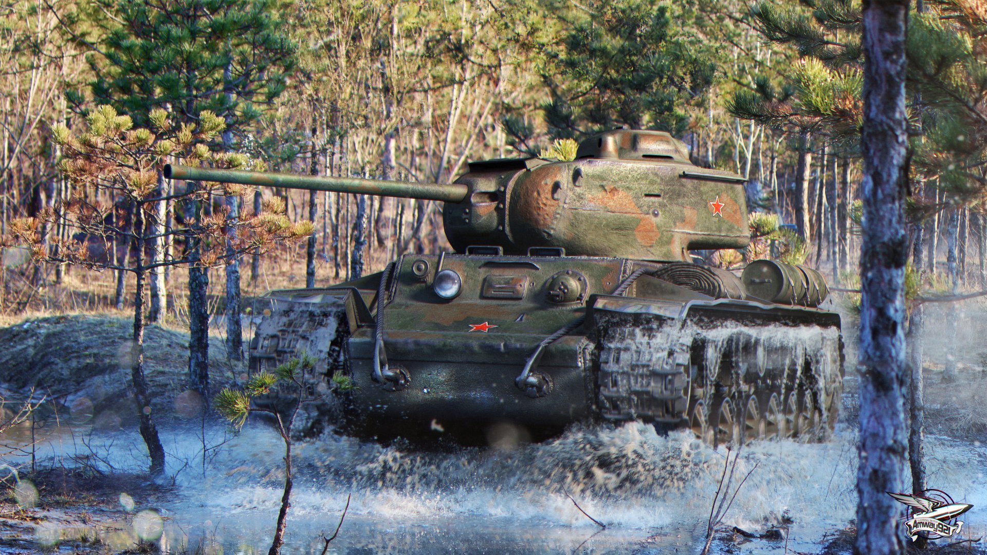 HD PC desktop wallpaper featuring a detailed tank from the video game World of Tanks moving through a misty forest environment.