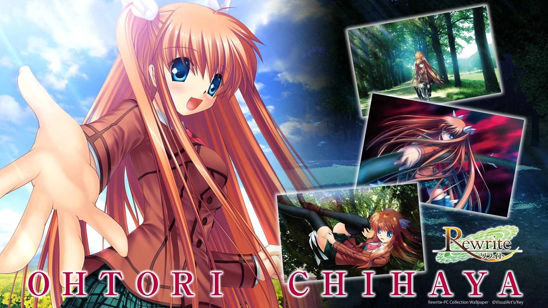 Anime HD PC desktop wallpaper/background from Rewrite showing Ohtori Chihaya with long auburn hair and blue eyes reaching out, surrounded by smaller in-game forest and action panels.