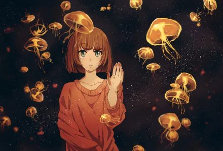 A girl with green eyes and brown hair reaches out amidst glowing jellyfish underwater, evoking a sense of emotion and beauty in this captivating anime wallpaper.