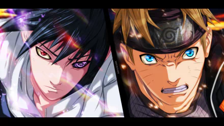 HD anime PC wallpaper featuring intense close-ups of Sasuke Uchiha and Naruto Uzumaki from the Naruto series, showcasing their iconic rivalry and determination.