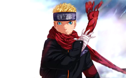 High-definition wallpaper featuring Naruto Uzumaki from the anime Naruto, showcasing him in a dynamic pose, wearing a red scarf and determined expression against a dramatic backdrop.