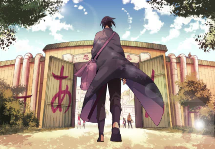HD desktop wallpaper featuring Sasuke Uchiha from the anime Boruto, walking toward the gates, with a bright sky in the background. Characters tagged include Sakura Haruno, Sarada Uchiha, Boruto Uzumaki, and Naruto Uzumaki.