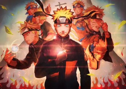 Dynamic HD wallpaper featuring Naruto Uzumaki from the anime Naruto, showcasing multiple versions of him surrounded by swirling leaves and fiery effects.