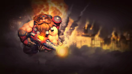 HD wallpaper and background for the video game Paladins, featuring a muscular, bearded character wielding a large weapon amidst a fiery, smoky backdrop.

