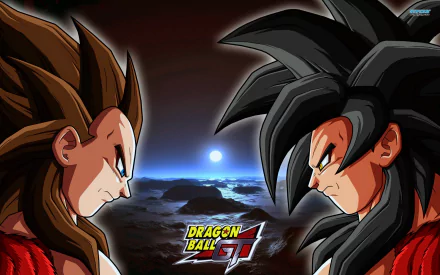 HD wallpaper featuring Super Saiyan 4 Vegeta and Goku from Dragon Ball GT, showcasing their intense rivalry against a dramatic backdrop.