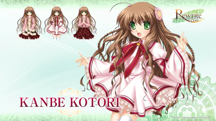 HD PC anime desktop wallpaper from Rewrite featuring Kanbe Kotori, a cheerful girl with long brown hair, green eyes, and a frilly pink-white outfit, with smaller poses on a pale green background.