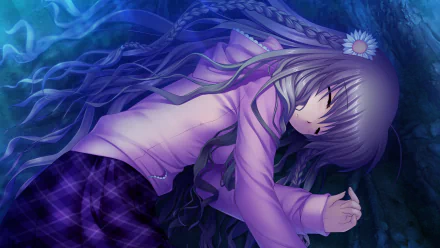 Anime Rewrite HD PC desktop wallpaper: sleeping girl with long braided silver hair and daisy, purple hoodie and plaid skirt in a moonlit blue forest.