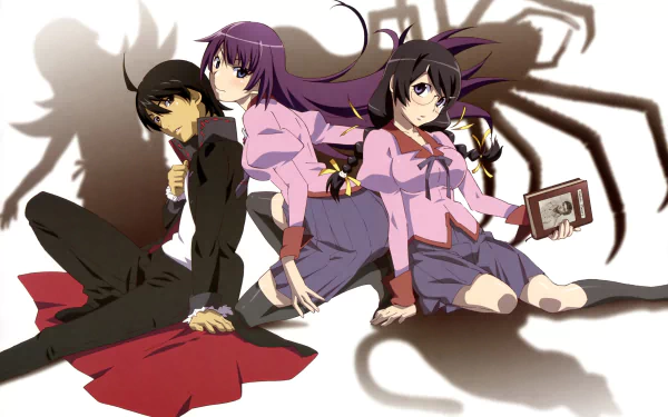 A vibrant 4K Ultra HD wallpaper featuring Tsubasa Hanekawa, Koyomi Araragi, and Hitagi Senjōgahara from the Monogatari series, showcasing their unique styles against a dramatic shadow backdrop.