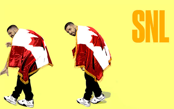 HD desktop wallpaper featuring singer Drake draped in a Canadian flag, with SNL text, referencing the TV show Saturday Night Live.
