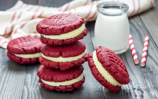A stack of red velvet biscuits filled with cream stands beside a glass of milk and striped straws, creating a charming food scene in this 4K Ultra HD desktop wallpaper.