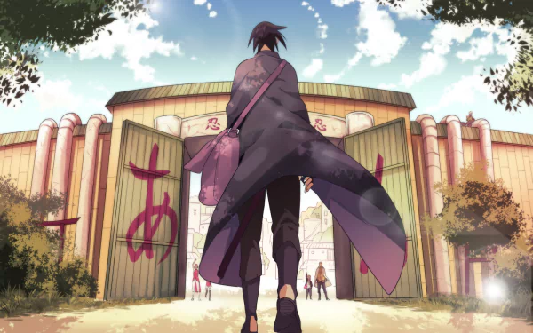 HD desktop wallpaper featuring Sasuke Uchiha from the anime Boruto, walking toward the gates, with a bright sky in the background. Characters tagged include Sakura Haruno, Sarada Uchiha, Boruto Uzumaki, and Naruto Uzumaki.
