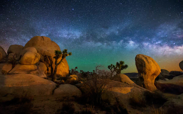 HD desktop wallpaper of Joshua Tree desert under a starry sky with the Milky Way stretching across the horizon, showcasing nature’s beauty at night.