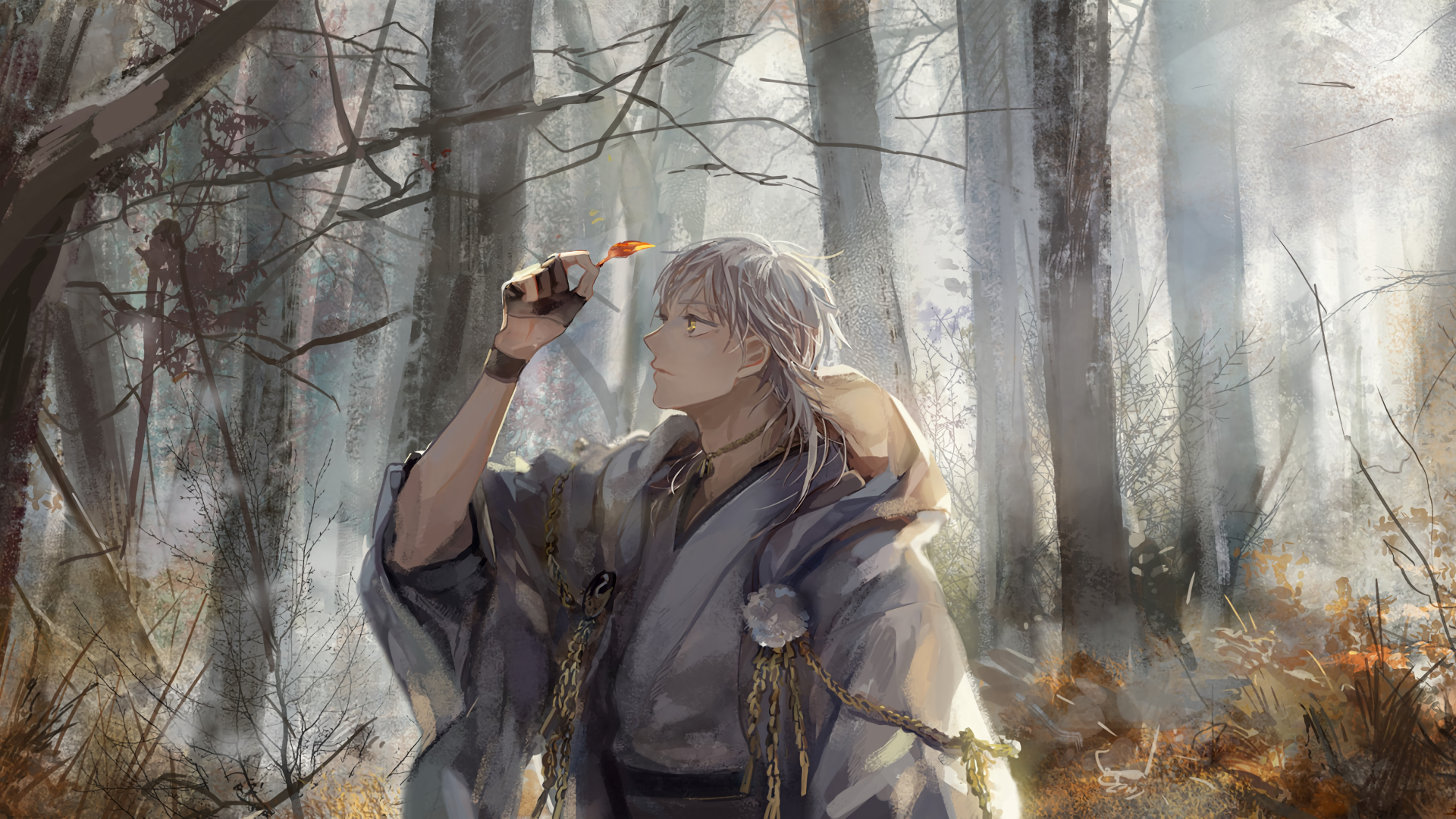 HD anime desktop wallpaper featuring a character from Touken Ranbu standing in a misty forest, holding a glowing object with detailed, atmospheric lighting.