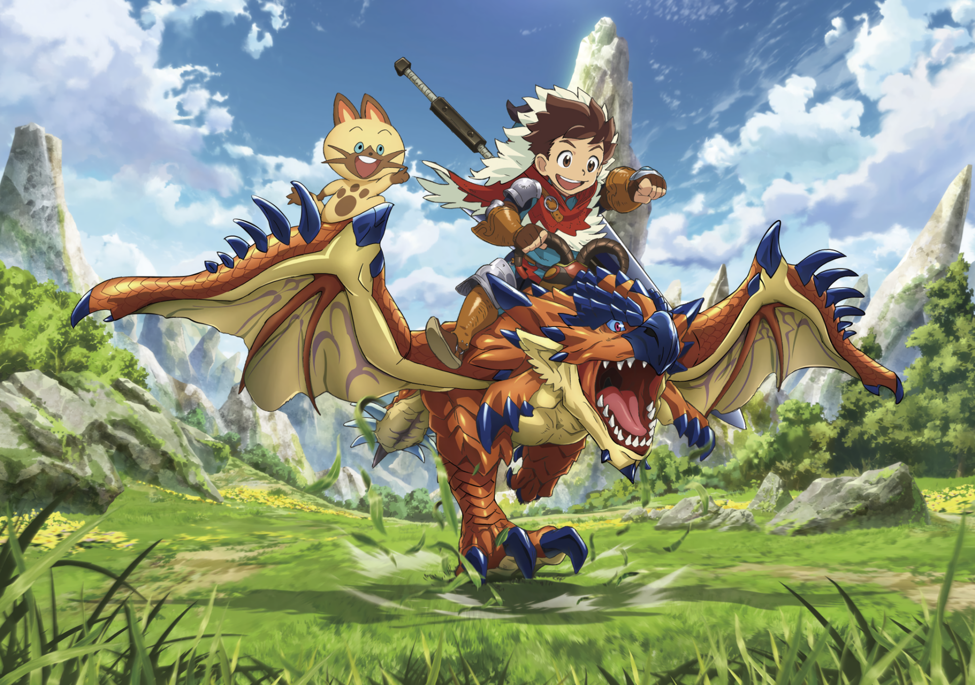 HD PC desktop wallpaper/background featuring Monster Hunter Stories: Ride On — a smiling rider charging on a blue-orange wyvern across a sunlit grassy valley.