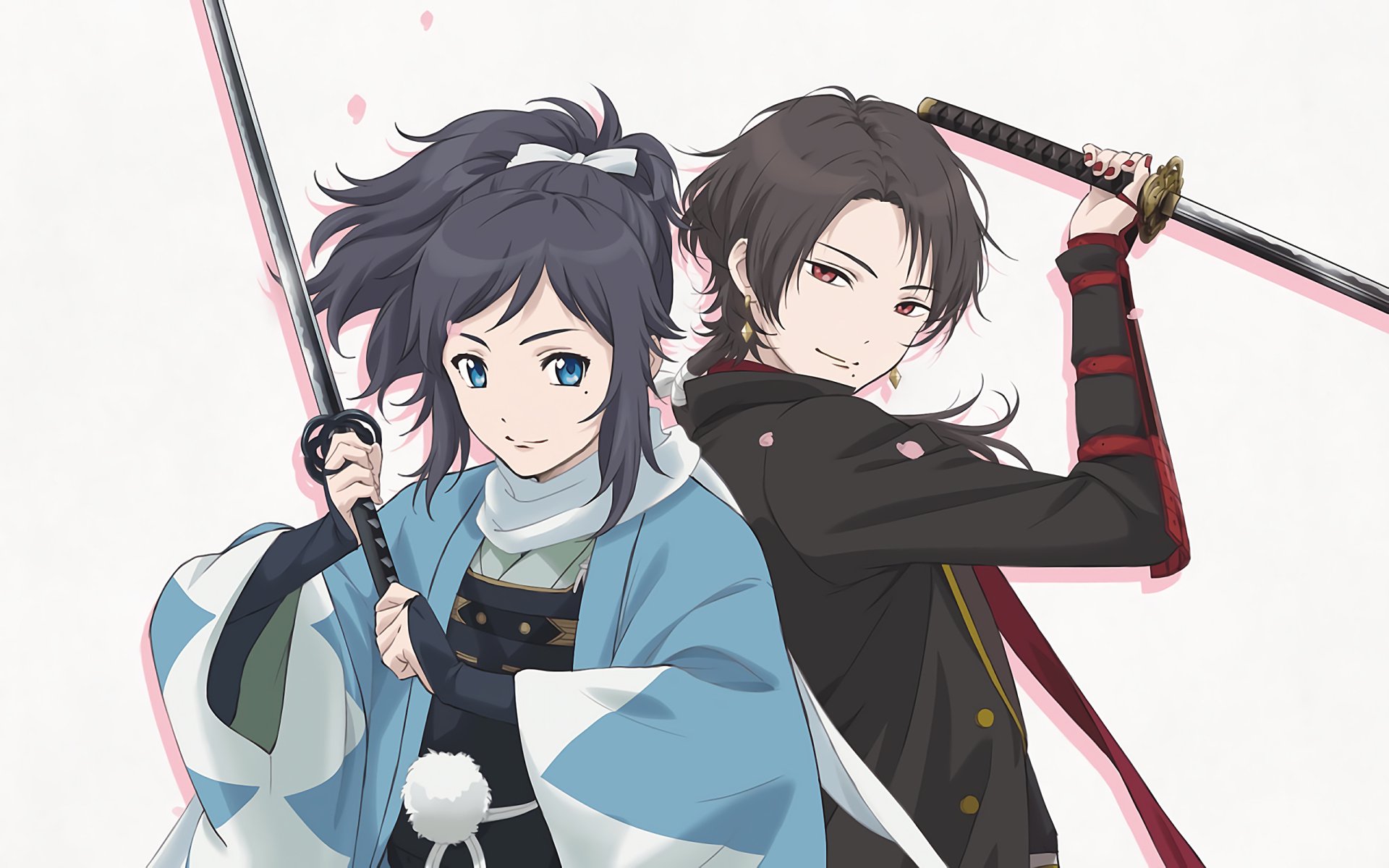 Anime-style HD PC desktop wallpaper featuring two characters from Touken Ranbu: Hanamaru, each holding a sword and standing back-to-back.