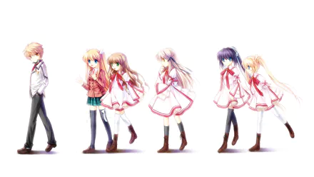 A vibrant HD anime wallpaper from Rewrite, featuring a central character alongside four girls in distinct outfits, capturing a dynamic interplay of emotion and movement.