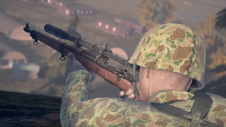 Heroes & Generals video game HD PC desktop wallpaper/background: rear view of a camouflaged soldier aiming a rifle toward a smoky village at dusk.