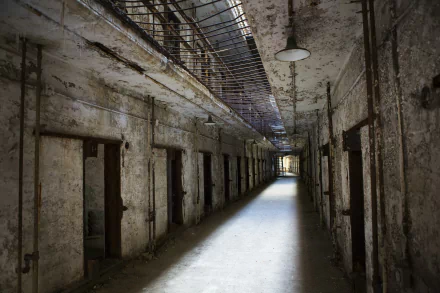 A haunting corridor of an abandoned prison, featuring peeling walls, missing doors, and dim lighting, capturing a creepy and eerie atmosphere.