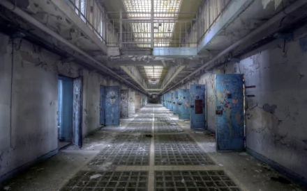 A haunting view of an abandoned prison corridor, featuring worn blue doors and peeling walls, evoking a creepy atmosphere amidst the remnants of a man-made ruin.