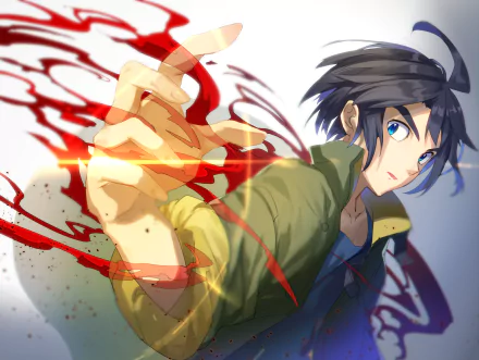 HD wallpaper featuring Mikazuki Augus from Mobile Suit Gundam: Iron-Blooded Orphans. Mikazuki is depicted with an intense expression, his hand outstretched amid dynamic red and yellow effects.