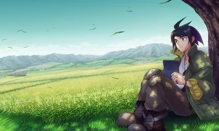 Mikazuki Augus sits under a tree in a lush green field, absorbed in a device, with serene mountains in the background. A captivating HD wallpaper from *Mobile Suit Gundam: Iron-Blooded Orphans*.