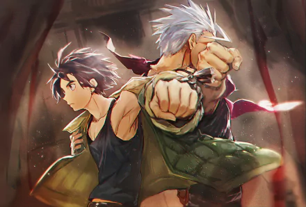 HD desktop wallpaper featuring Orga Itsuka and Mikazuki Augus from the anime Mobile Suit Gundam: Iron-Blooded Orphans, showcasing their intense expressions and dynamic poses.