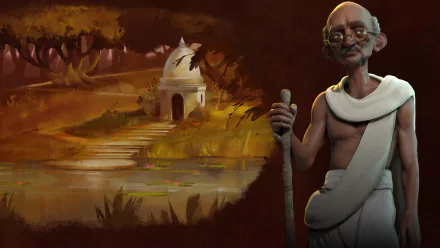 HD desktop wallpaper featuring Gandhi from Civilization VI, set against an autumnal Indian landscape with a small temple and pond in the background.
