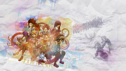 A vibrant HD wallpaper featuring characters from Fairy Tail: Natsu, Lucy, Erza, Gray, Wendy, Gajeel, Happy, and Charles, set against an imaginative colorful background.
