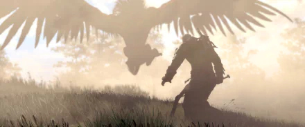 Geralt of Rivia stands in a misty field, sword drawn, as a large bird of prey soars overhead. An HD wallpaper inspired by The Witcher 3: Wild Hunt.