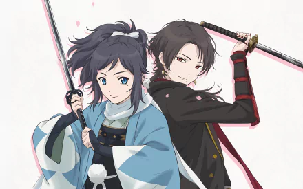 Anime-style HD PC desktop wallpaper featuring two characters from Touken Ranbu: Hanamaru, each holding a sword and standing back-to-back.