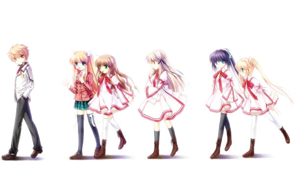 A vibrant HD anime wallpaper from Rewrite, featuring a central character alongside four girls in distinct outfits, capturing a dynamic interplay of emotion and movement.