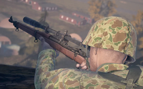 Heroes & Generals video game HD PC desktop wallpaper/background: rear view of a camouflaged soldier aiming a rifle toward a smoky village at dusk.