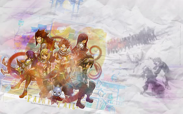 A vibrant HD wallpaper featuring characters from Fairy Tail: Natsu, Lucy, Erza, Gray, Wendy, Gajeel, Happy, and Charles, set against an imaginative colorful background.