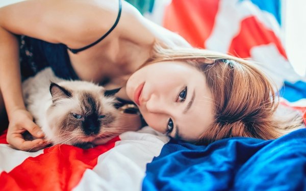 Women Asian Model Lying Down Brunette Cat HD Wallpaper | Background Image