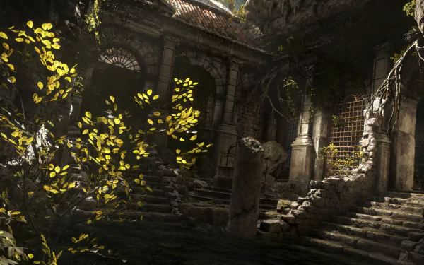 HD PC desktop wallpaper from the video game Rise of the Tomb Raider, featuring an ancient, overgrown stone ruin illuminated by soft natural light.