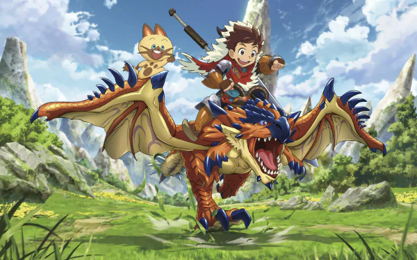 HD PC desktop wallpaper/background featuring Monster Hunter Stories: Ride On — a smiling rider charging on a blue-orange wyvern across a sunlit grassy valley.