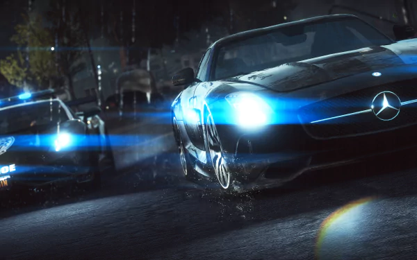 Need For Speed: Rivals 4K Ultra HD PC desktop wallpaper — wet-night police chase with a Mercedes sports car racing through rain and flashing cruiser lights.