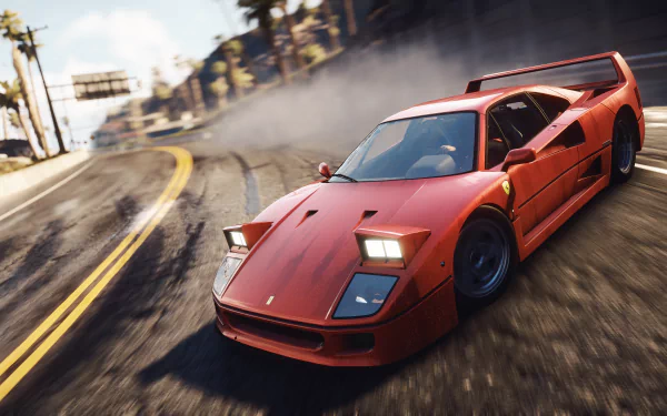 A dynamic HD desktop wallpaper featuring a red Ferrari F40 from Need For Speed: Rivals, drifting on a winding road with a blurred background.