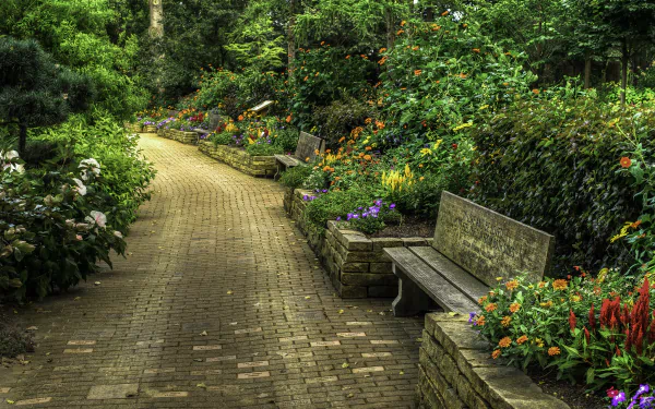 A serene stone walkway in a vibrant park, lined with blooming flowers, invites a tranquil spring stroll. Lush greenery and benches create a peaceful atmosphere. High-definition photography.