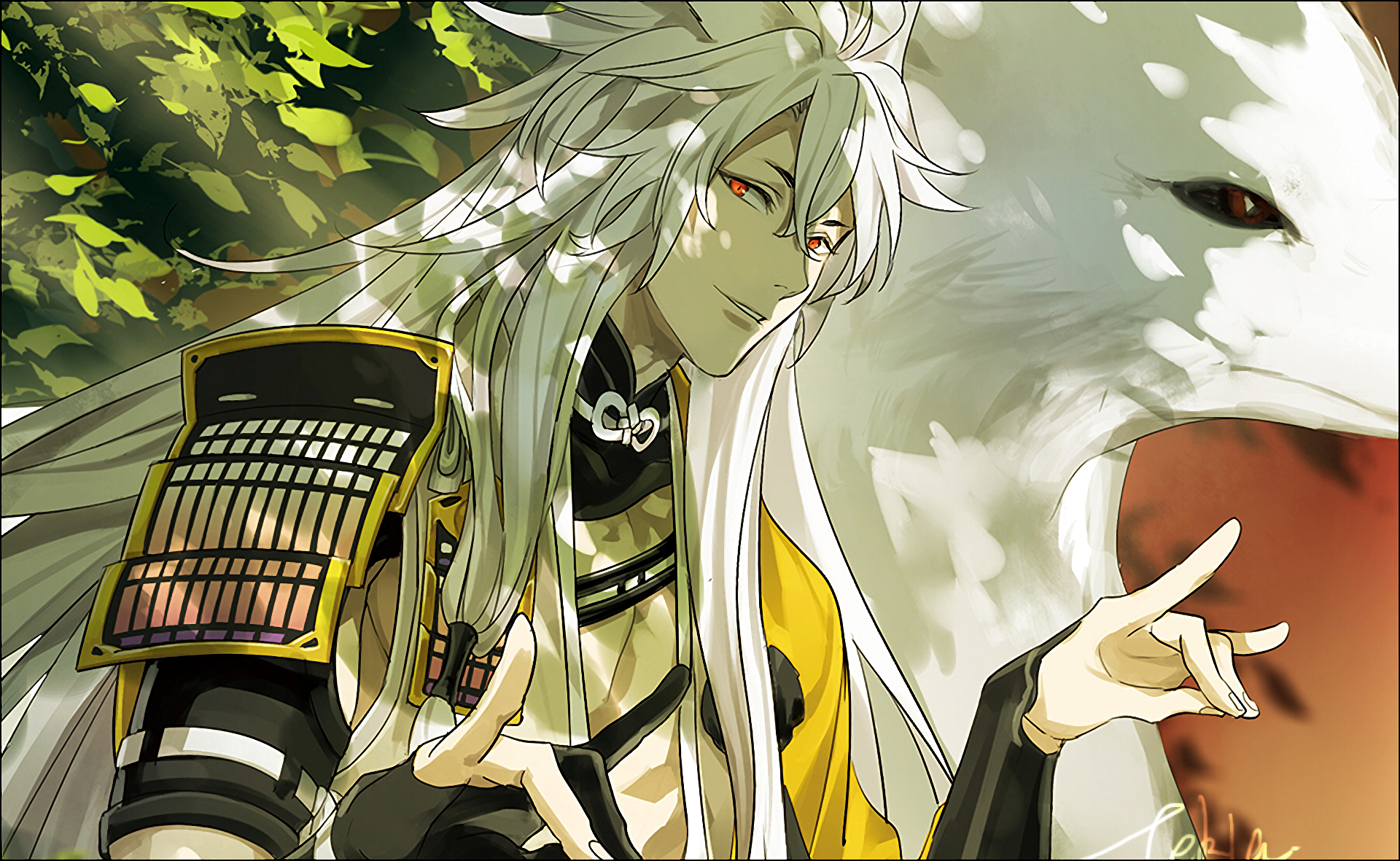 Anime-style Touken Ranbu character with long white hair and elaborate armor stands beside a large white fox, rendered in HD for a PC desktop wallpaper.