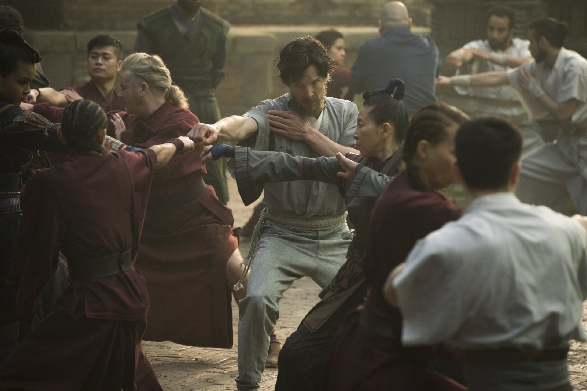 Benedict Cumberbatch as Doctor Strange in an intense martial arts training scene, captured in 4K Ultra HD for a PC desktop wallpaper.