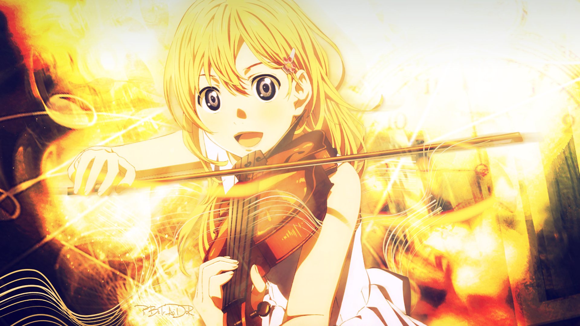 Kaori Miyazono from the anime Your Lie in April plays the violin, surrounded by vibrant, golden tones, creating an engaging and dynamic desktop wallpaper.
