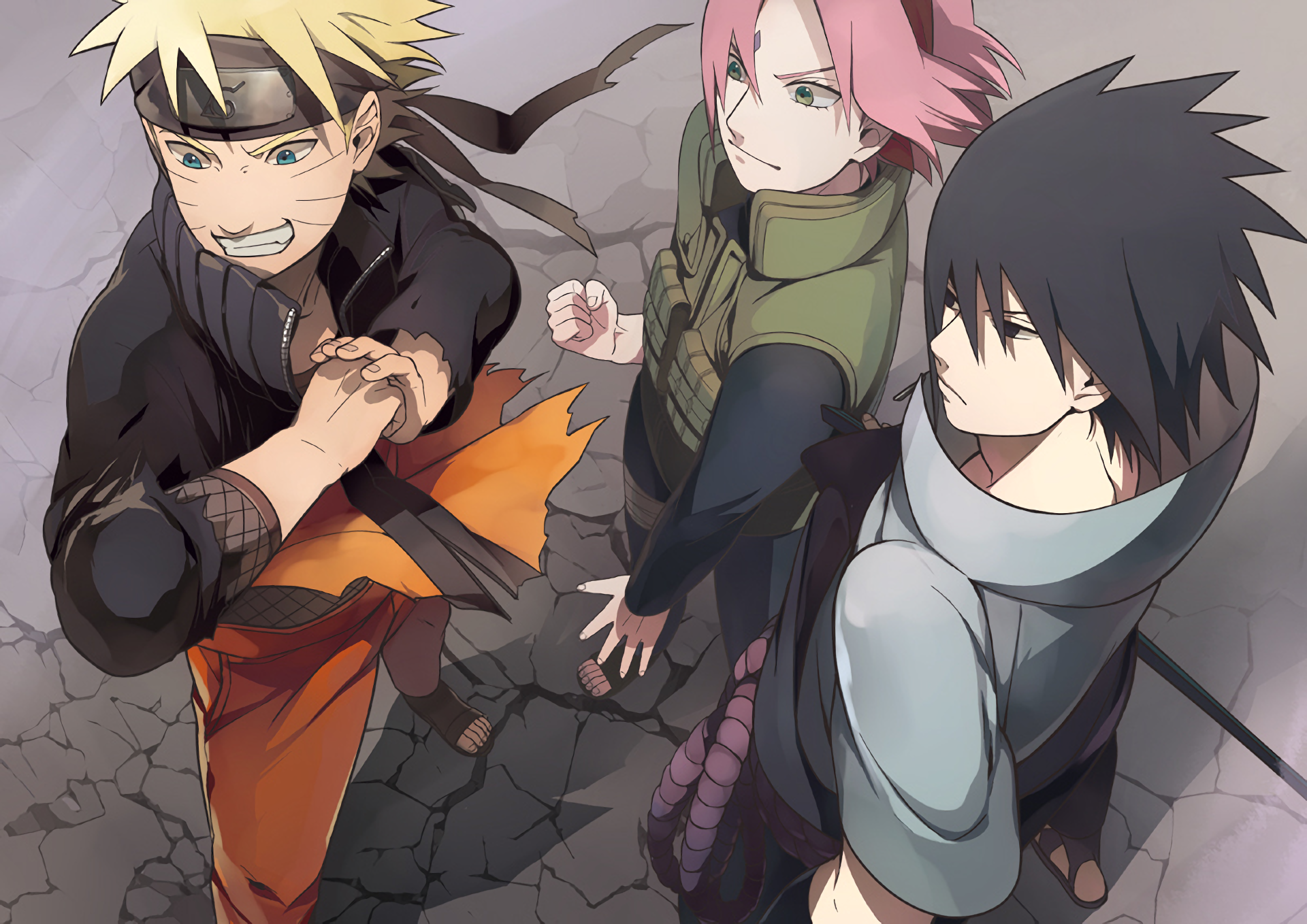 Three iconic characters from the anime Naruto—Naruto Uzumaki, Sakura Haruno, and Sasuke Uchiha—are depicted in an HD desktop wallpaper, showcasing their dynamic personalities and bond.