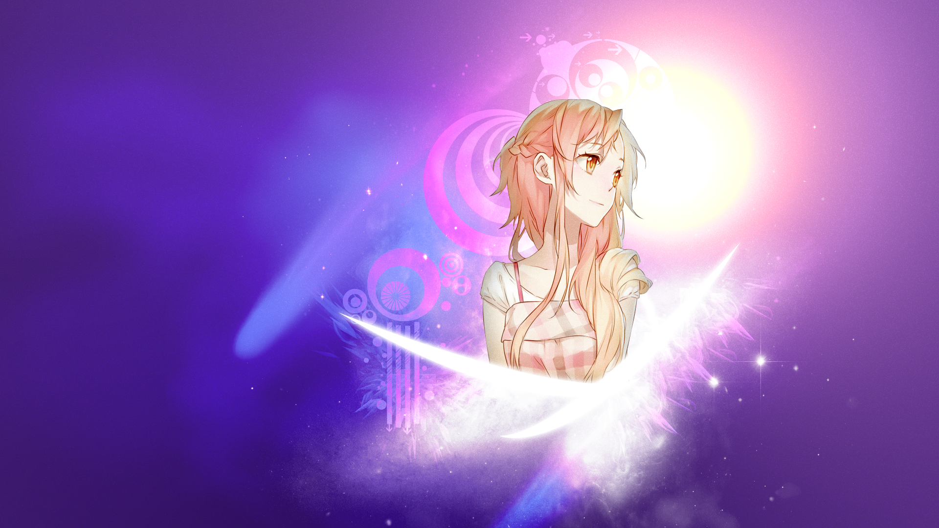 Asuna Yuuki from Sword Art Online — anime HD PC desktop wallpaper showing Asuna bathed in radiant light against a purple, starry cosmic background.