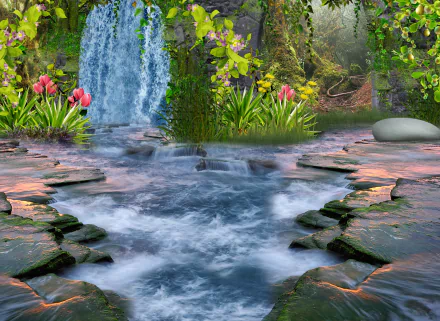 Artistic fantasy forest with colorful flowers, a cascading waterfall and stepping-stone stream — 2K Quad HD PC desktop wallpaper/background.