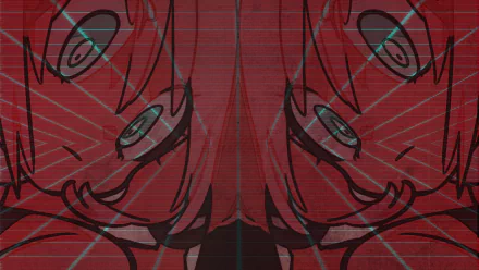 HD retro anime girl face in red tones with mirrored, glitch-style effects, designed as a striking PC desktop wallpaper and background.
