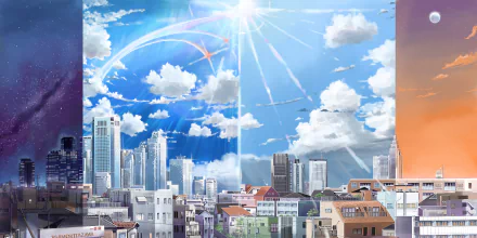 HD anime wallpaper and background inspired by Your Name, featuring a vibrant cityscape under a stunning sky with a radiant sun and dynamic clouds.