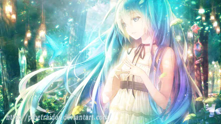 A digital artwork featuring Hatsune Miku, an anime character with long blue hair and blue eyes, dressed in a white outfit, surrounded by a vibrant, enchanting forest setting.