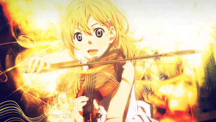 Kaori Miyazono from the anime Your Lie in April plays the violin, surrounded by vibrant, golden tones, creating an engaging and dynamic desktop wallpaper.