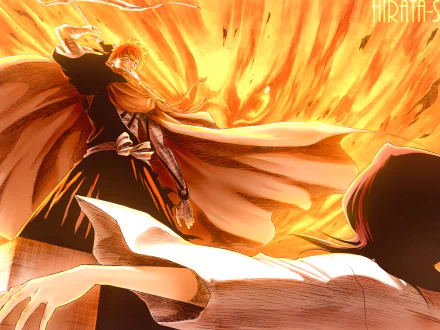 Rukia Kuchiki and Ichigo Kurosaki from the anime Bleach stand dramatically against a fiery background, showcasing an intense moment from their story. High-definition desktop wallpaper.